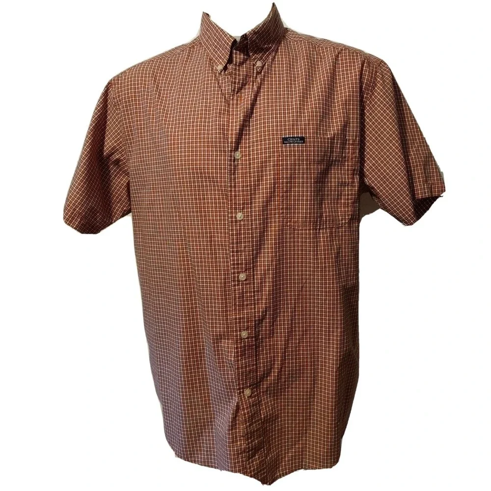 Chaps Ralph Lauren Shirt Large Mens Y2K Norm Core Orange‎ White Mini Plaid Retro
